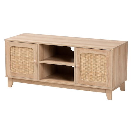 Baxton Studio Elsbeth Mid-Century Modern Light Brown Finished Wood and Natural Rattan 2-Door TV Stand 226-12952-ZORO